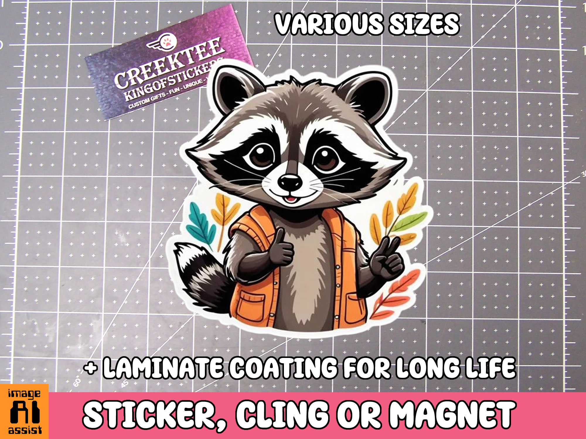 Raccoon with Thumbs up Die Cut Vinyl Sticker  Window Cling or Magnet with Laminate Coating in Various Sizes