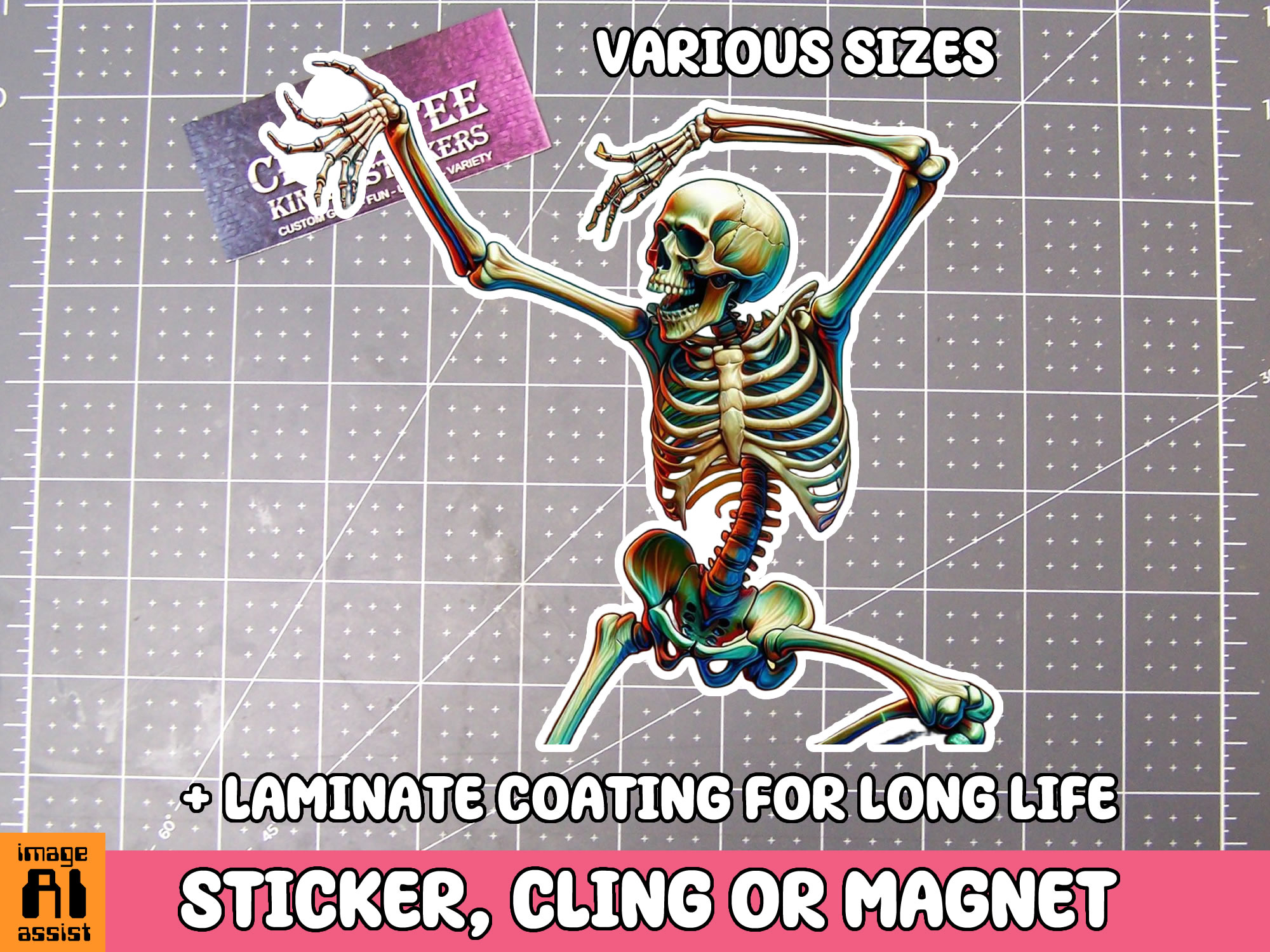 Skeleton Dancing Die Cut Vinyl Sticker  Window Cling or Magnet with Laminate Coating in Various Sizes