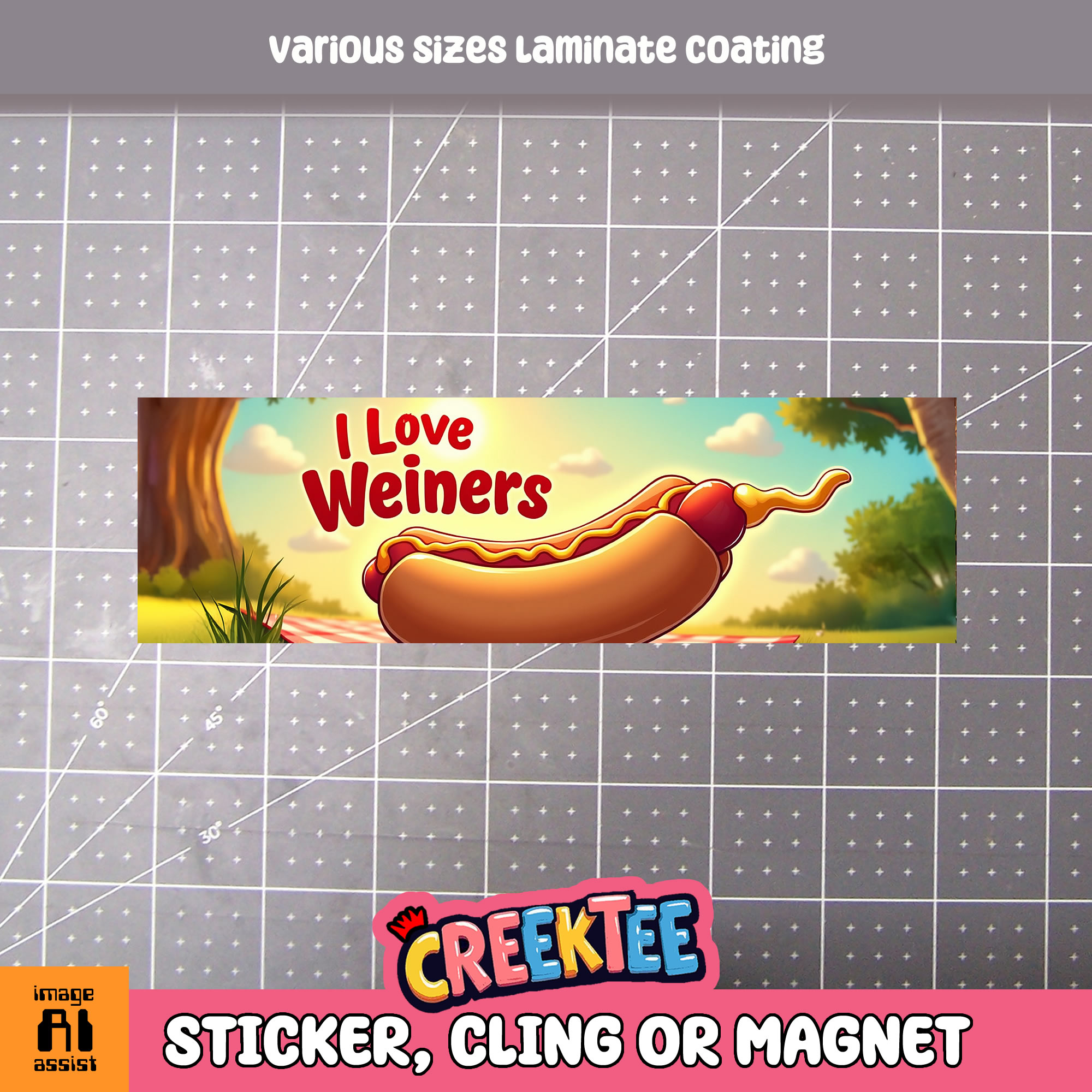 I Love Weiners Vinyl Bumper Sticker  Window Cling or Magnet in UV Laminate Coating and Various Sizes