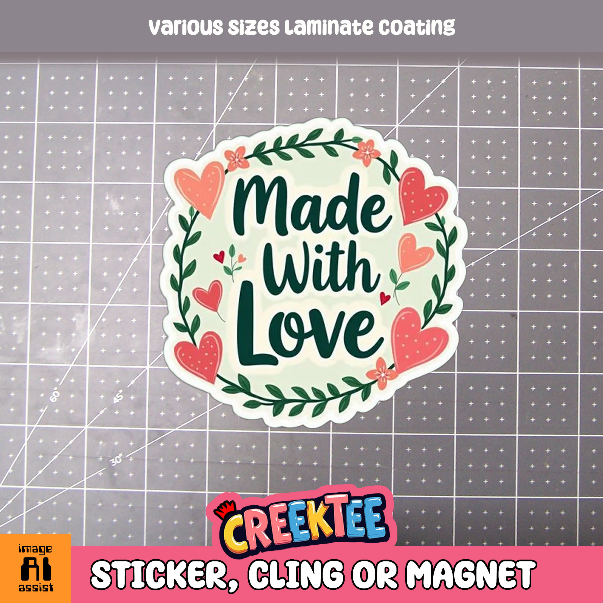 Made with Love Die Cut Vinyl Sticker  Window Cling or Magnet with Laminate Coating in Various Sizes